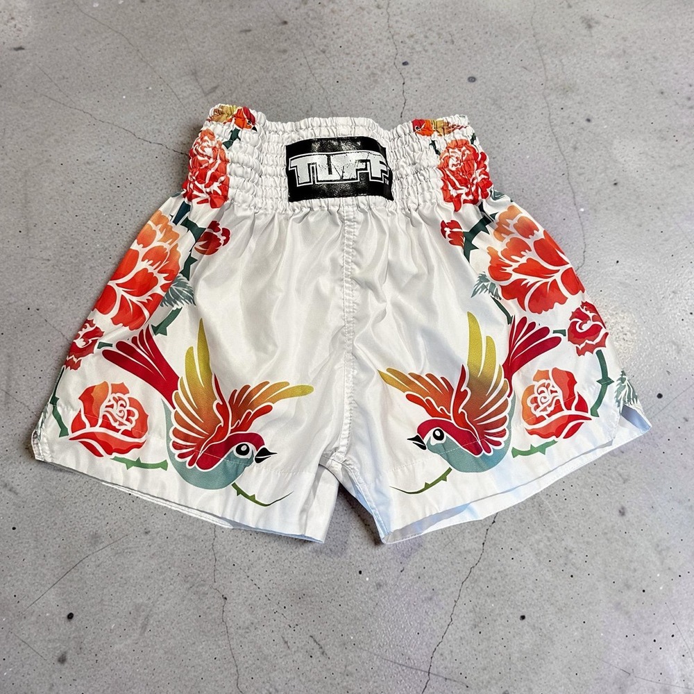 TUFF Muay Thai Boxing Shorts White Floral Rose Bird Print Womens Medium Thailand